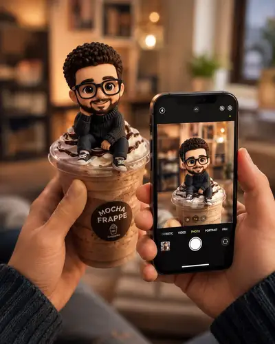Chibi Boy on Mocha Frappe Cup 3D Render