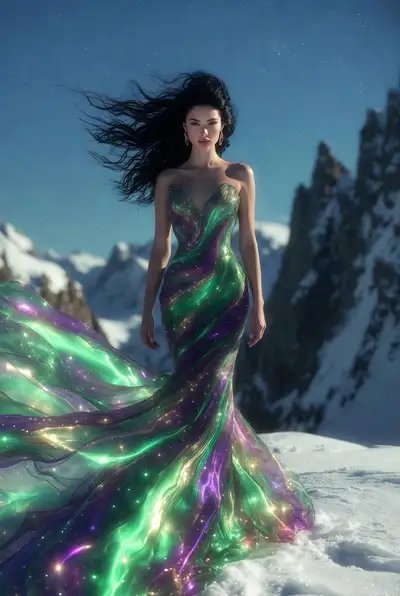 Portrait cinématographique fantastique d'une femme en robe aurore boréale