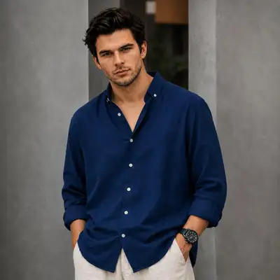 Retrato editorial de moda masculina entre colunas arquitetônicas de concreto