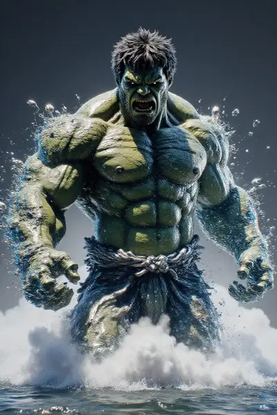 Hulk emergiendo de partículas de agua