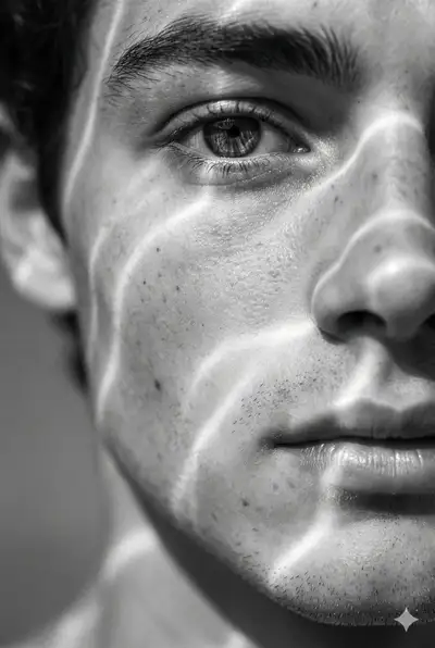 Black and White Macro Portrait with Luminous Light Waves