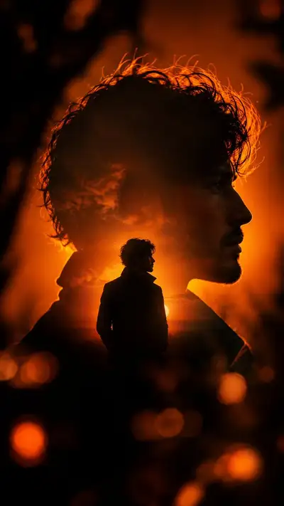 Portrait en silhouette à double exposition avec rétroéclairage dramatique