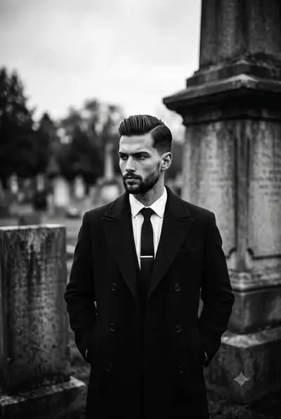 Retrato de caballero de los años 20 en cementerio, estilo film noir