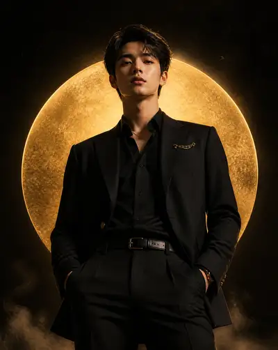 Confident male fashion poster with golden halo backlight