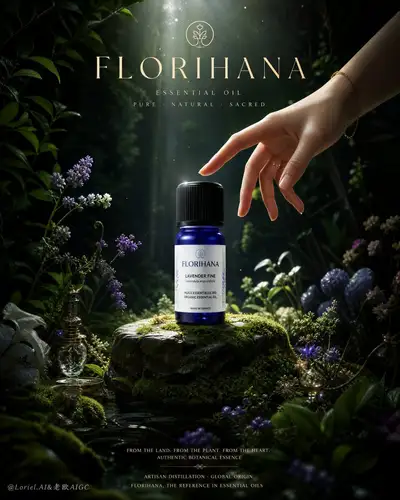 Flacon d'huile essentielle Florihana sur un autel de forêt enchantée
