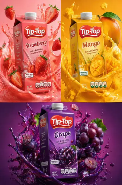 Commercial juice box packaging design in three flavors