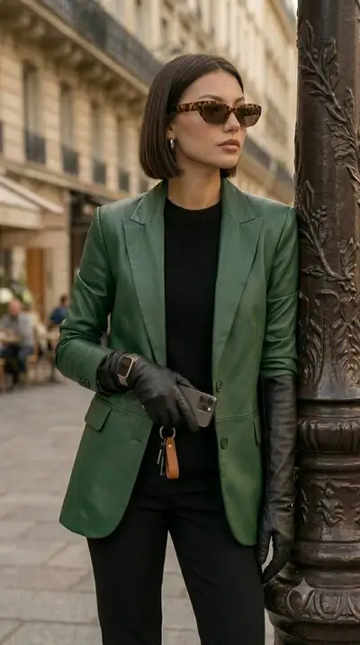 Chic Woman in Green Leather Blazer Street Style