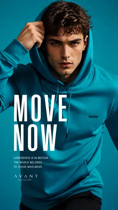 Electric teal hoodie close portrait with hood gesture