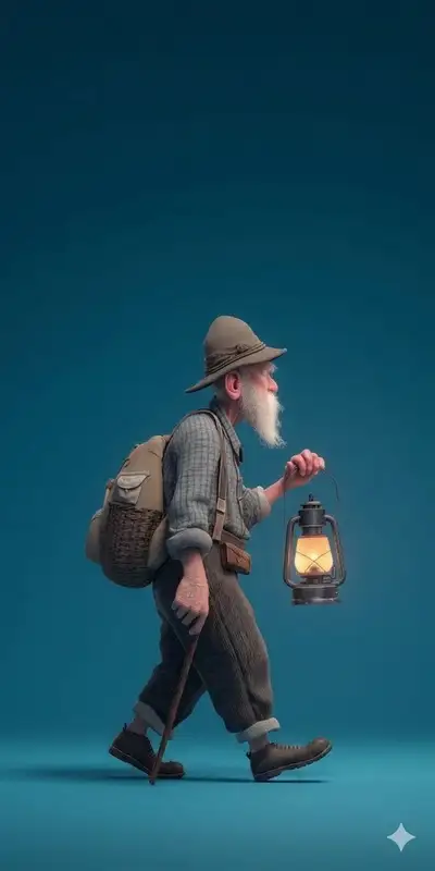 Stylized 3D elderly hiker profile character render
