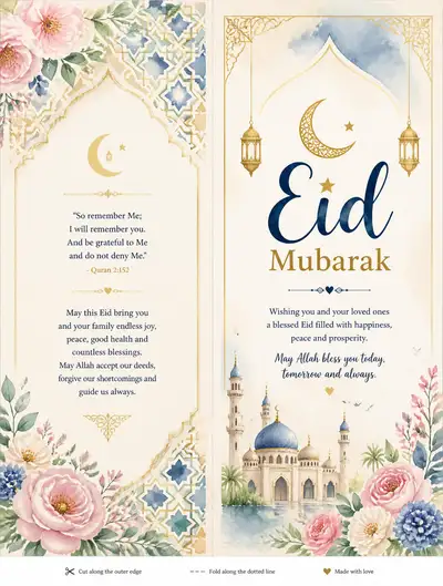 Printable Eid greeting card watercolor template prompt