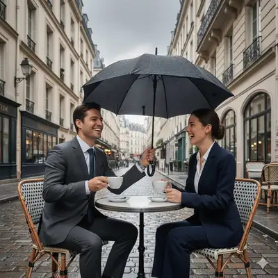 Couple Laughing at European Cafe