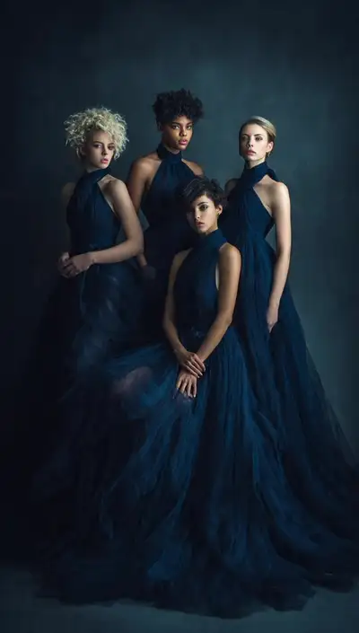 Studio Portrait of Nine Women in Red and Blue Gowns