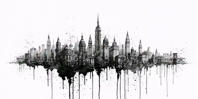 Monochrome ink and watercolor architectural city sketch