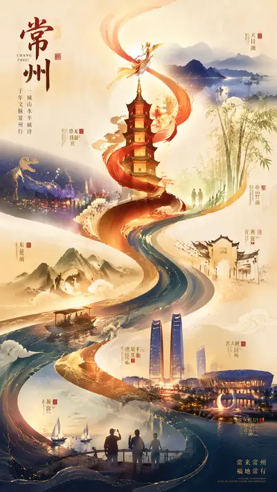 New Chinese minimalist tourism poster of Changzhou's Tianning Pagoda