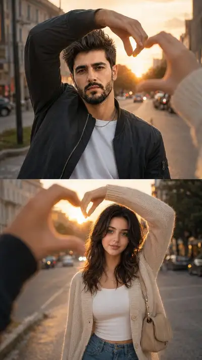 Netflix-Style Romantic Heart Gesture Split-Frame Prompt