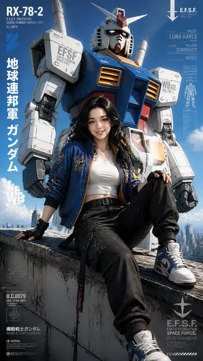 Anime woman fashion editorial with towering Gundam mech