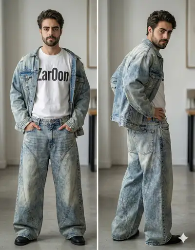 Y2K avant-garde streetwear portrait with oversized denim jacket