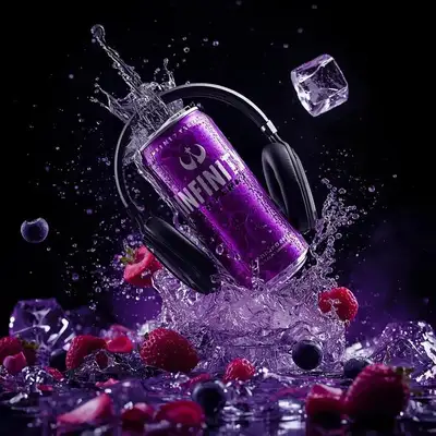 Explosive purple energy drink can product photography