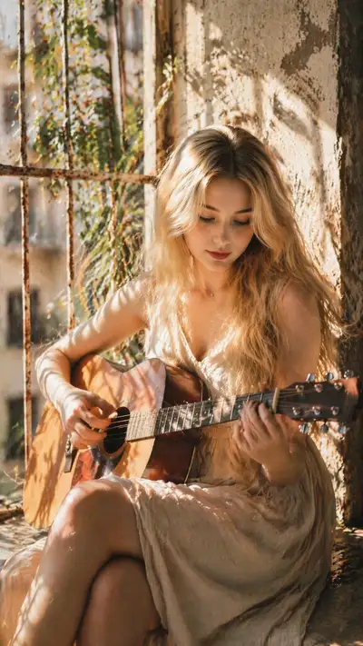Vintage sunlit balcony portrait with guitar (Chinese prompt)
