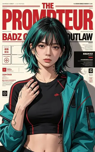 Portada de revista anime cyberpunk con chaqueta bomber verde azulado