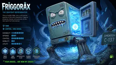 MOBA-Splashart im Rick-and-Morty-Stil: Empfindungsfähiger Kühlschrank
