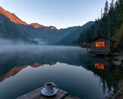 静かな山の湖の日の出