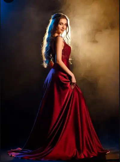 Cinematic Crimson Evening Gown Portrait