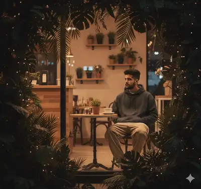 Portrait nocturne spontané dans un café fleuri, vu à travers une vitre