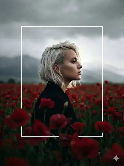 Profile portrait framed by a white rectangle in a flower field