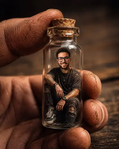 Miniaturmann gefangen in einer Glasflasche, Makrofotografie-Illusion