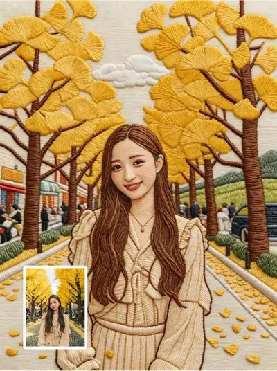 Portrait rendered as hyper-detailed hand embroidery art