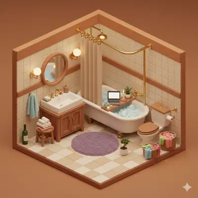 Cozy isometric miniature Japanese-style bathroom diorama