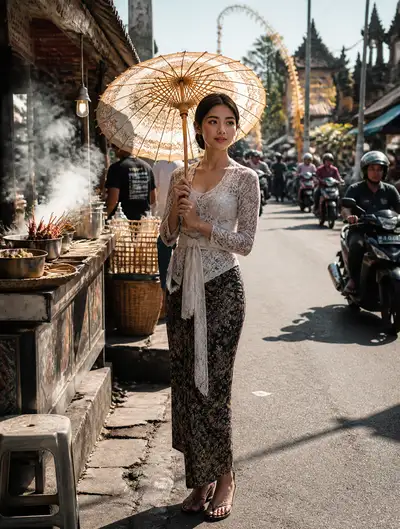 Balinese Woman with Parasol on Ubud Street