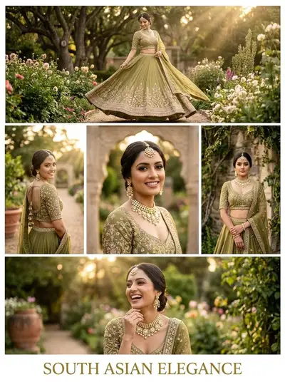Multi-frame garden portrait of a woman in an olive lehenga