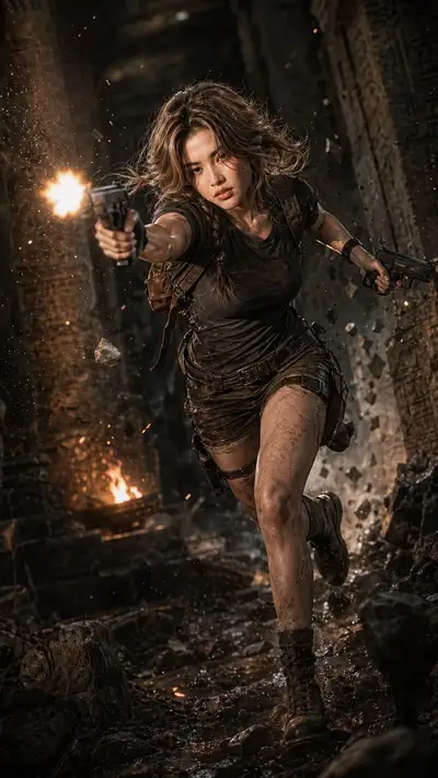 Cinematic Action Shot: Woman in Ancient Ruins