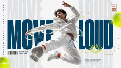 Sportmagazin-Poster mit geschichteten Fokusebenen und Neon-Doodles