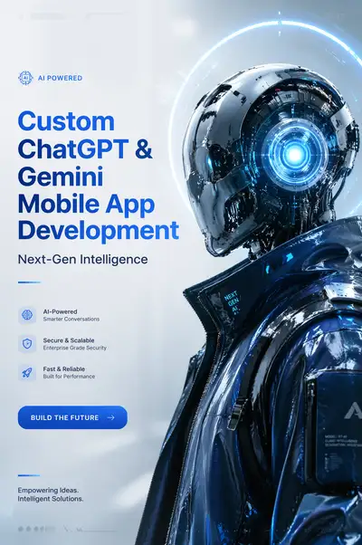 Futuristic AI robot tech advertisement with glowing eye