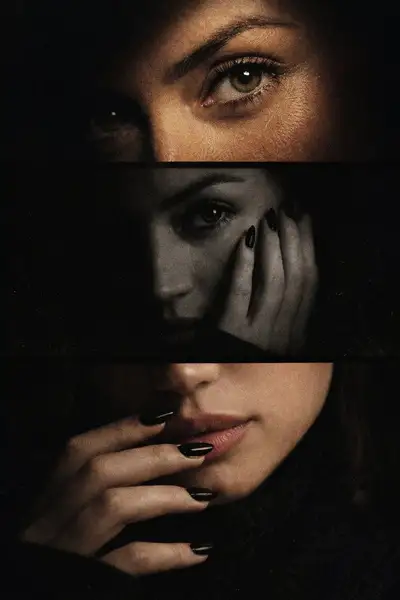 Noir-style vertical triptych of eyes, face and lips