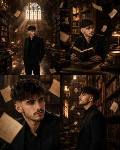 Surreal Library Portrait with Floating Pages