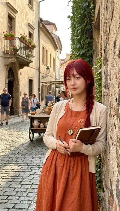 Viajera pelirroja en una calle empedrada europea