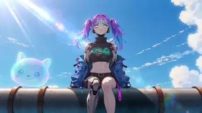 Plano de descida em vista de pássaro anime sobre uma cidade futurista