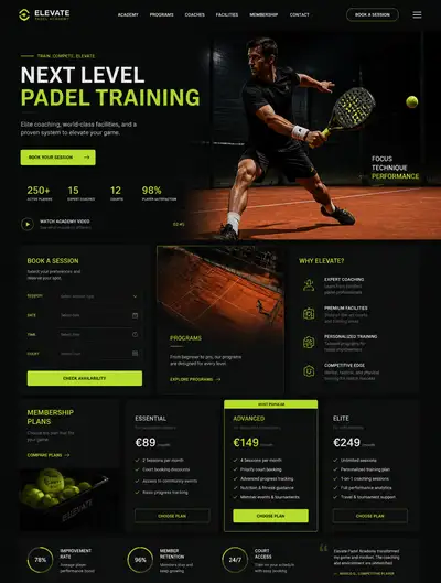 Dark-mode padel academy landing page UI design