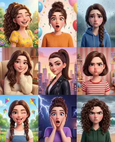 Grille 3x3 d'expressions de portrait dessin animé avec verrouillage d'identité