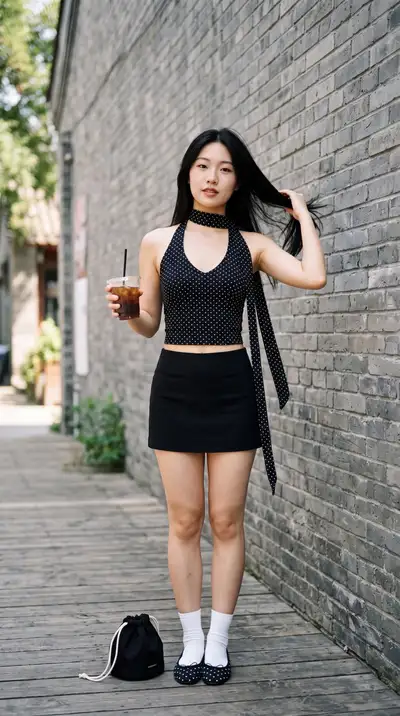 东亚年轻女性波点服装写实肖像