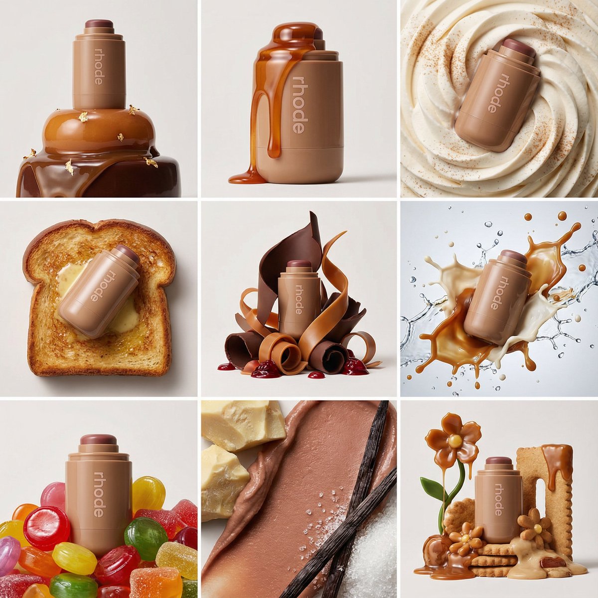 3x3 hyperreal marketing still life grid for a food product