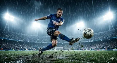 Kinoreifer Fußball-Torschuss in regnerischer Nacht, JSON-Prompt