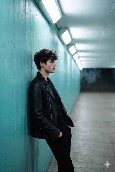 Man in leather jacket posing in a lit tunnel