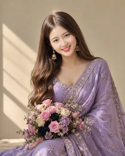 Elegant Studio Portrait of Woman in Lavender Saree