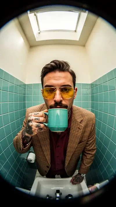 Tattooed Man with Aviators in Bathroom (Fisheye)