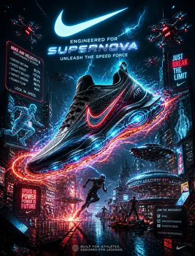Futuristic sports shoe advertising flyer over a cyberpunk city